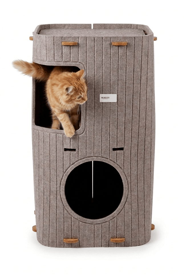 Ziggy Pupps Cat Multi Level Felt Cat House And Activity Condo with Teaser Ball Gray