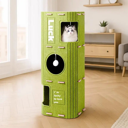 Ziggy Pupps Cat Multi Level Green Felt Cat Tree Tower with Interactive Ball and Resting Condos 90x30x30 cm