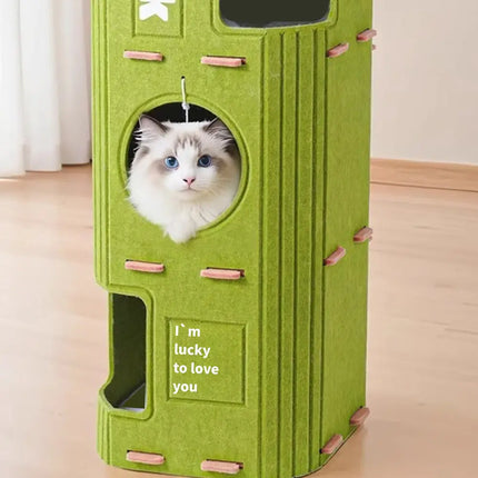 Ziggy Pupps Cat Multi Level Green Felt Cat Tree Tower with Interactive Ball and Resting Condos 90x30x30 cm