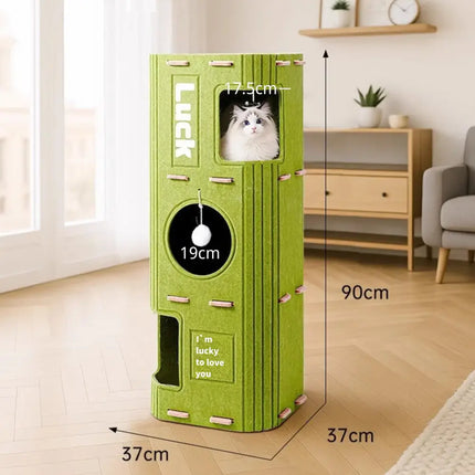Ziggy Pupps Cat Multi Level Green Felt Cat Tree Tower with Interactive Ball and Resting Condos 90x30x30 cm