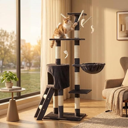 Ziggy Pupps Cat Multi-Tier Cat Tree Scratching Post Condo House With Basket And Toys Grey Hight 130cm