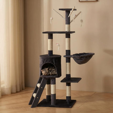 Ziggy Pupps Cat Multi-Tier Cat Tree Scratching Post Condo House With Basket And Toys Grey Hight 130cm