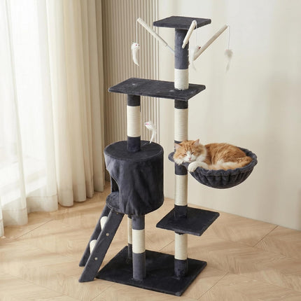 Ziggy Pupps Cat Multi-Tier Cat Tree Scratching Post Condo House With Basket And Toys Grey Hight 130cm