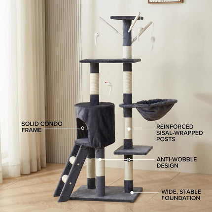 Ziggy Pupps Cat Multi-Tier Cat Tree Scratching Post Condo House With Basket And Toys Grey Hight 130cm