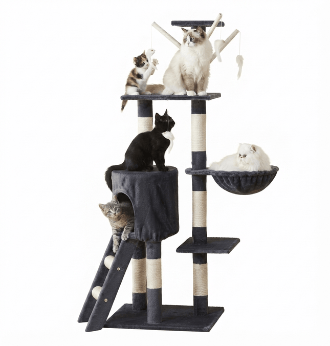 Ziggy Pupps Cat Multi-Tier Cat Tree Scratching Post Condo House With Basket And Toys Grey Hight 130cm