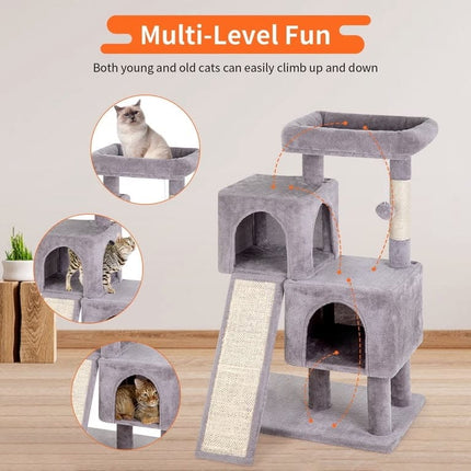 Ziggy Pupps Cat Multi-Tier Cat Tree With Double Condo And Scratching Ramp Grey Height 92.5 cm