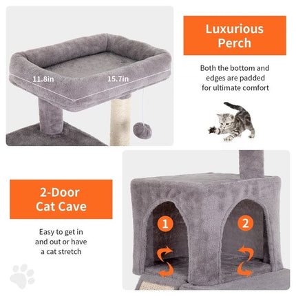 Ziggy Pupps Cat Multi-Tier Cat Tree With Double Condo And Scratching Ramp Grey Height 92.5 cm