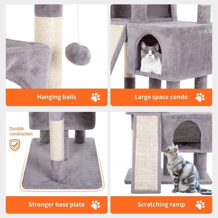 Ziggy Pupps Cat Multi-Tier Cat Tree With Double Condo And Scratching Ramp Grey Height 92.5 cm