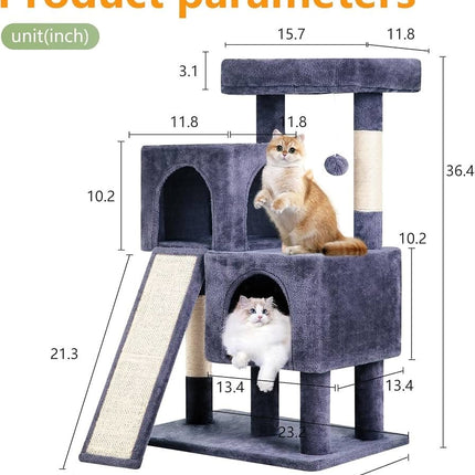 Ziggy Pupps Cat Multi-Tier Cat Tree With Double Condo And Scratching Ramp Grey Height 92.5 cm