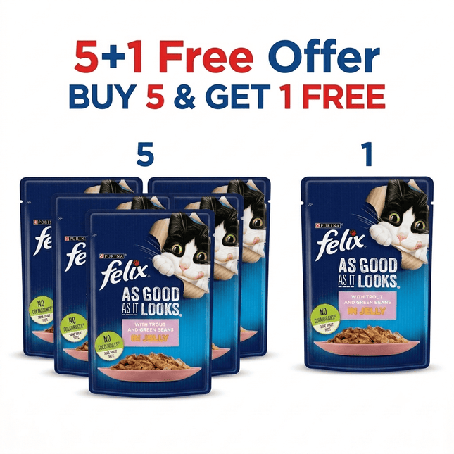 Ziggy Pupps Cat Purina Felix As Good As It Looks with Trout and Green Bean in Jelly 85gm 5+1 Free Offer