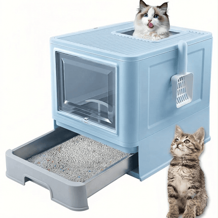 Ziggy Pupps Cat Stainless Steel Cat Litter Box with Pull-Out Drawer 38× 12.5×50 cm Blue