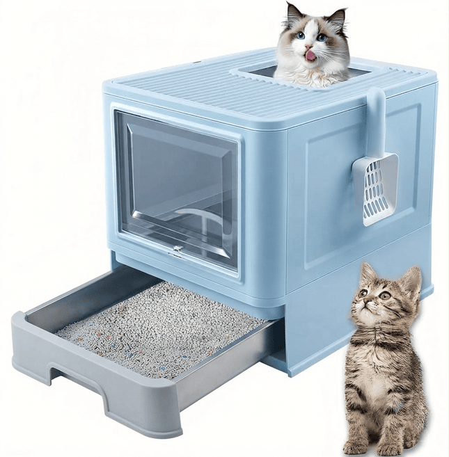 Ziggy Pupps Cat Stainless Steel Cat Litter Box with Pull-Out Drawer 38× 12.5×50 cm Blue