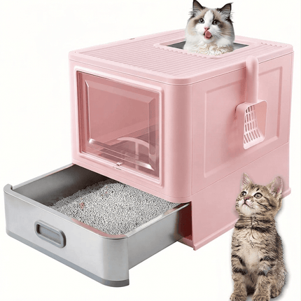Ziggy Pupps Cat Stainless Steel Cat Litter Box with Pull-Out Drawer 38× 12.5×50 cm Pink