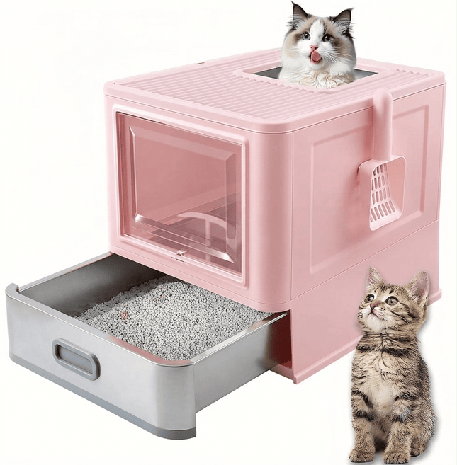 Ziggy Pupps Cat Stainless Steel Cat Litter Box with Pull-Out Drawer 38× 12.5×50 cm Pink