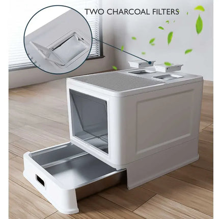 Ziggy Pupps Cat Stainless Steel Cat Litter Box with Pull-Out Drawer Grey 38× 12.5×50 cm