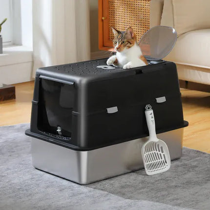 Ziggy Pupps Cat Stainless Steel Enclosed Cat Litter Box Extra Large Covered Pet Toilet with Front Door 60x40x40cm Black