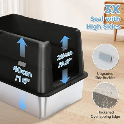 Ziggy Pupps Cat Stainless Steel Enclosed Cat Litter Box Extra Large Covered Pet Toilet with Front Door 60x40x40cm Black
