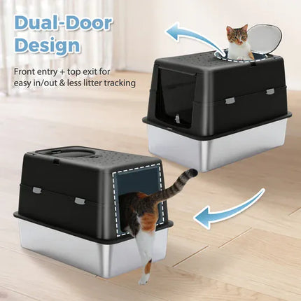 Ziggy Pupps Cat Stainless Steel Enclosed Cat Litter Box Extra Large Covered Pet Toilet with Front Door 60x40x40cm Black