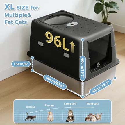 Ziggy Pupps Cat Stainless Steel Enclosed Cat Litter Box Extra Large Covered Pet Toilet with Front Door 60x40x40cm Black