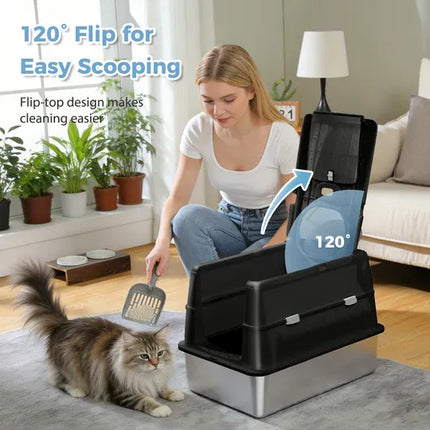 Ziggy Pupps Cat Stainless Steel Enclosed Cat Litter Box Extra Large Covered Pet Toilet with Front Door 60x40x40cm Black