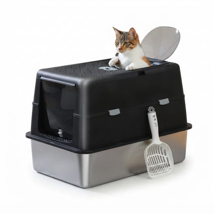 Ziggy Pupps Cat Stainless Steel Enclosed Cat Litter Box Extra Large Covered Pet Toilet with Front Door 60x40x40cm Black