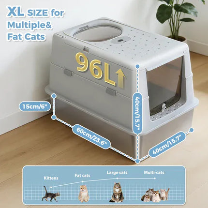 Ziggy Pupps Cat Stainless Steel Enclosed Cat Litter Box Extra Large Covered Pet Toilet with Front Door 60x40x40cm Gray