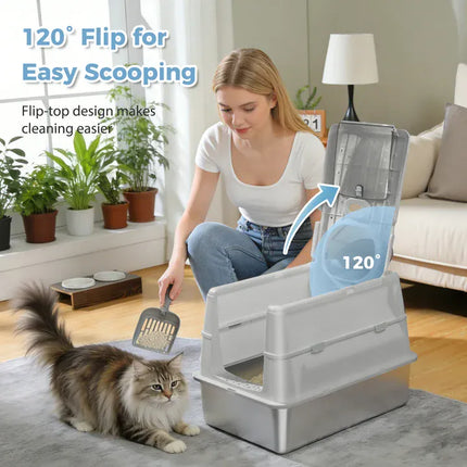 Ziggy Pupps Cat Stainless Steel Enclosed Cat Litter Box Extra Large Covered Pet Toilet with Front Door 60x40x40cm Gray