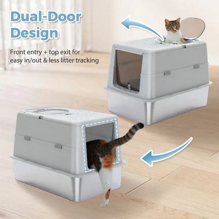 Ziggy Pupps Cat Stainless Steel Enclosed Cat Litter Box Extra Large Covered Pet Toilet with Front Door 60x40x40cm Gray
