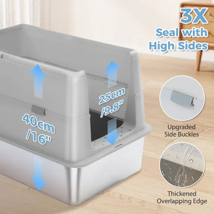 Ziggy Pupps Cat Stainless Steel Enclosed Cat Litter Box Extra Large Covered Pet Toilet with Front Door 60x40x40cm Gray