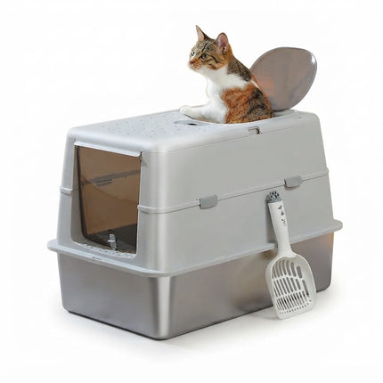 Ziggy Pupps Cat Stainless Steel Enclosed Cat Litter Box Extra Large Covered Pet Toilet with Front Door 60x40x40cm Gray