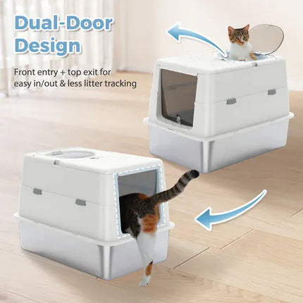 Ziggy Pupps Cat Stainless Steel Enclosed Cat Litter Box Extra Large Covered Pet Toilet with Front Door 60x40x40cm White
