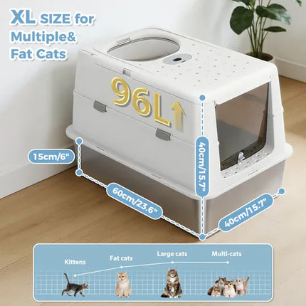 Ziggy Pupps Cat Stainless Steel Enclosed Cat Litter Box Extra Large Covered Pet Toilet with Front Door 60x40x40cm White