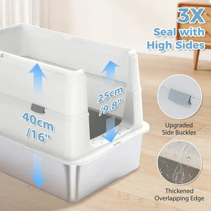 Ziggy Pupps Cat Stainless Steel Enclosed Cat Litter Box Extra Large Covered Pet Toilet with Front Door 60x40x40cm White