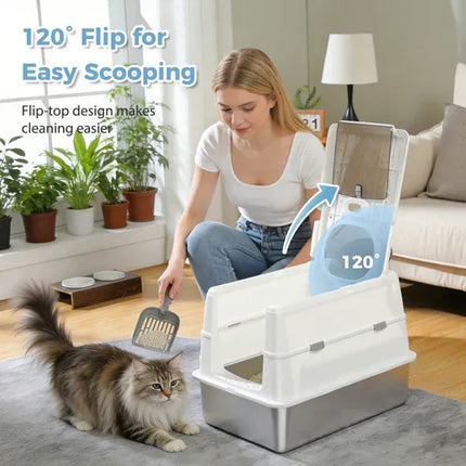Ziggy Pupps Cat Stainless Steel Enclosed Cat Litter Box Extra Large Covered Pet Toilet with Front Door 60x40x40cm White