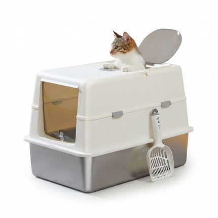 Ziggy Pupps Cat Stainless Steel Enclosed Cat Litter Box Extra Large Covered Pet Toilet with Front Door 60x40x40cm White