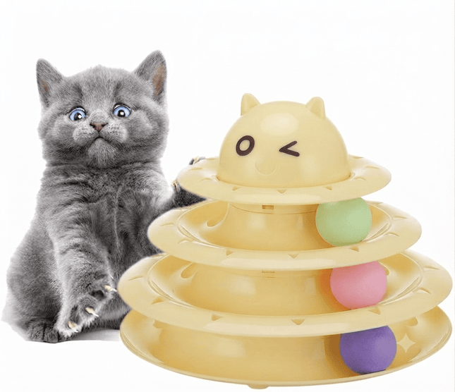 Ziggy Pupps Cat Tower of Tracks Interactive Cat Toy Multi Level Play Circuit with Rolling Balls Yellow