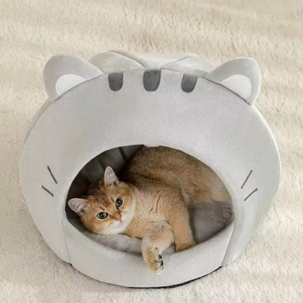 Ziggy Pupps Dog and cat Adorable Cat Shaped Covered Pet House Soft Fluffy Enclosed Cave Bed for Cats and Small Dogs Size S