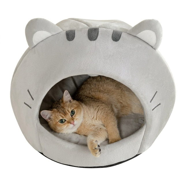 Ziggy Pupps Dog and cat Adorable Cat Shaped Covered Pet House Soft Fluffy Enclosed Cave Bed for Cats and Small Dogs Size S