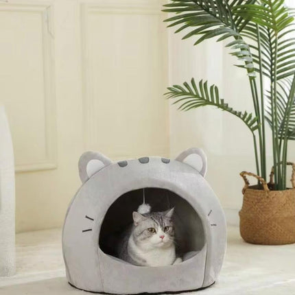 Ziggy Pupps Dog and cat Adorable Cat Shaped Covered Pet House Soft Fluffy Enclosed Cave Bed for Cats and Small Dogs Size S