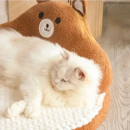 Ziggy Pupps Dog and cat Cute Bear Shape Pet Bed Soft Fluffy Brown Calming Dog and Cat Sofa Bed with Cushioned Base Size 52 × 52 cm