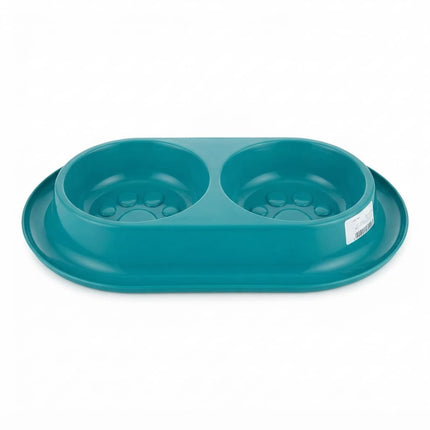 Ziggy Pupps Dog and cat Dual Pet Feeding Bowl Double Plastic Food and Water Dish with Spill Proof Tray Teal