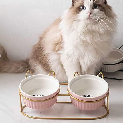 Ziggy Pupps Dog and cat Elevated Cat Bowls with 2 Ceramic Bowls Raised Cat Food Water Bowl with Iron Stand Non Slip Pet Feeding