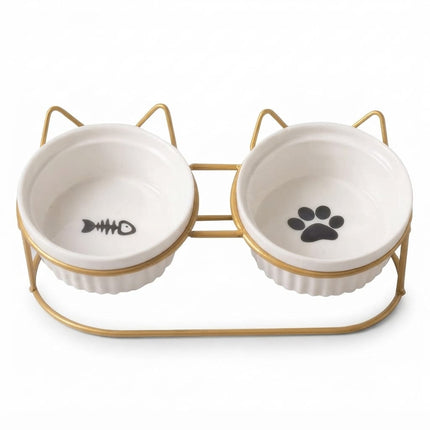 Ziggy Pupps Dog and cat Elevated Cat Bowls with 2 Ceramic Bowls Raised Cat Food Water Bowl with Iron Stand Non Slip Pet Feeding