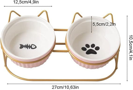 Ziggy Pupps Dog and cat Elevated Cat Bowls with 2 Ceramic Bowls Raised Cat Food Water Bowl with Iron Stand Non Slip Pet Feeding