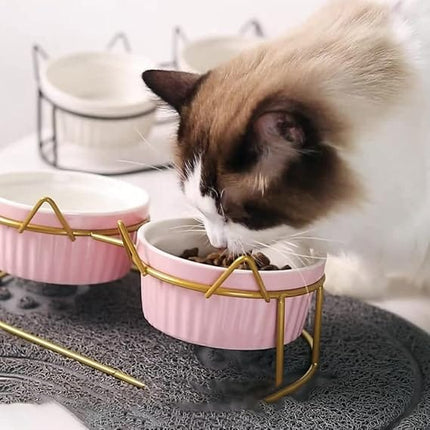 Ziggy Pupps Dog and cat Elevated Cat Bowls with 2 Ceramic Bowls Raised Cat Food Water Bowl with Iron Stand Non Slip Pet Feeding