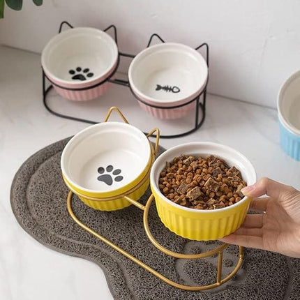 Ziggy Pupps Dog and cat Elevated Cat Bowls with 2 Ceramic Bowls Raised Cat Food Water Bowl with Iron Stand Non Slip Pet Feeding