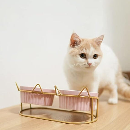 Ziggy Pupps Dog and cat Elevated Cat Bowls with 2 Ceramic Bowls Raised Cat Food Water Bowl with Iron Stand Non Slip Pet Feeding