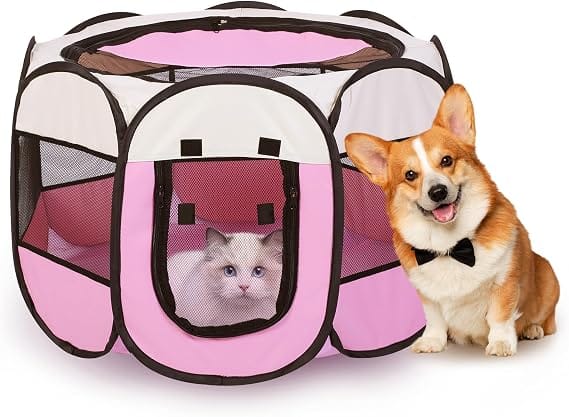 Ziggy Pupps Dog and cat Pet playpen for small dogs And cats foldable dog kennel Medium Pink & Off-White