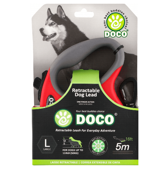 Ziggy Pupps Dog Doco Large Red and gray 5m Reflective and Retractable Leash for Dogs Up to 50kg