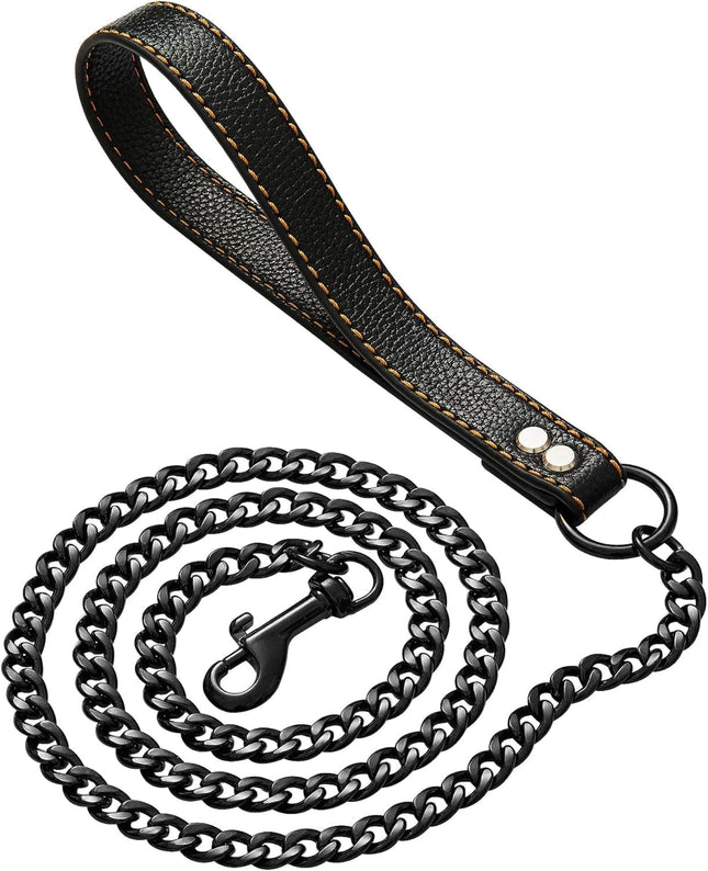 Ziggy Pupps Dog Heavy Duty Chew Proof Metal Chain Dog Leash with Leather Handle Size M